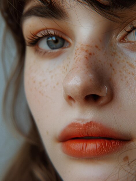 Close up of a woman with freckles on her face