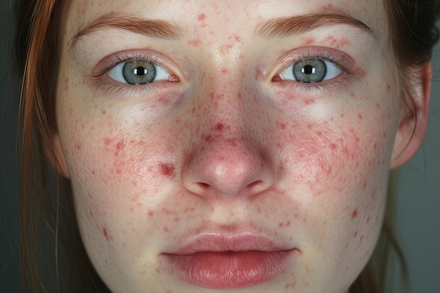 a close up of a woman with frecklesrosacea couperose redness skin