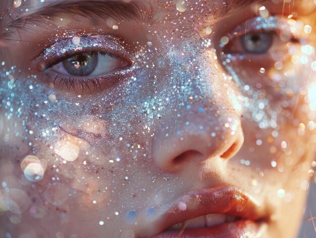 Close up of a woman with glitter on her face suitable for beauty and fashion concepts