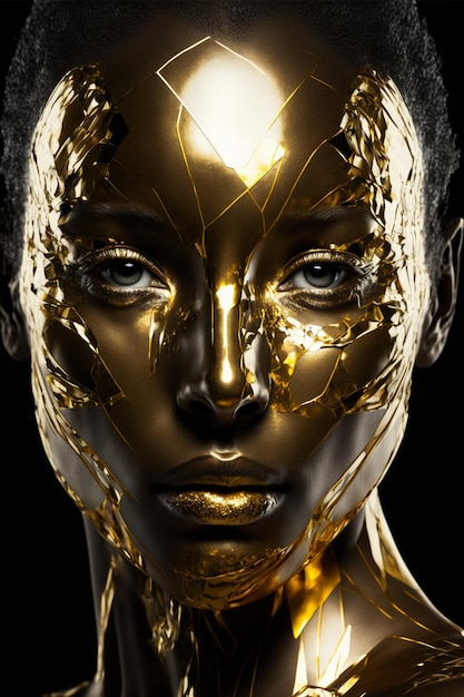 Close up of a woman with gold paint on her face generative ai