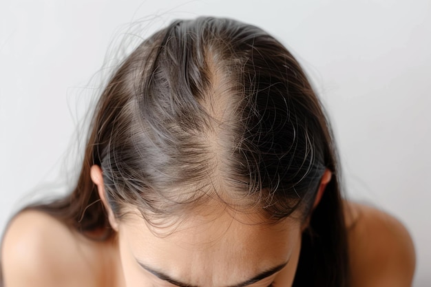 Close up woman with little hair due to alopecia or hair loss Isolated on white background