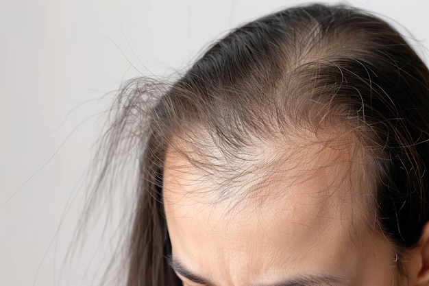 Close up woman with little hair due to alopecia or hair loss Isolated on white background