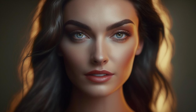 a close up of a woman with long hair and a brown eyes generative ai