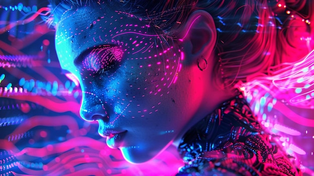 a close up of a woman with a neon makeup and a futuristic body generative ai