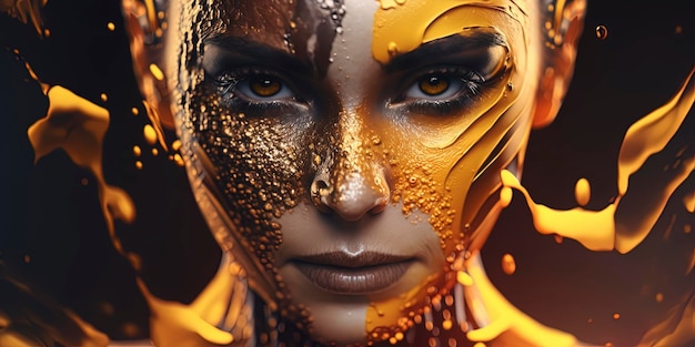 A close up of a woman with paint on her face honeycomb background character is covered in liquid AI Generated