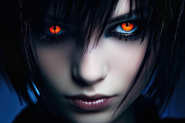 a close up of a woman with red eyes