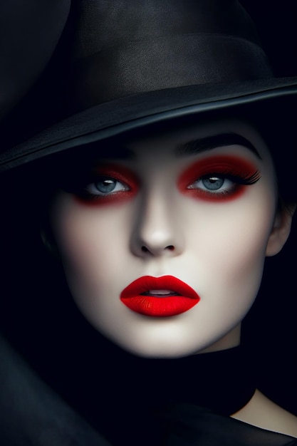 Close up of woman with red lipstick and hat on her head Generative AI