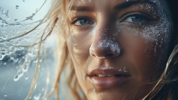 Close up of a woman with snow on her face perfect for winter themes