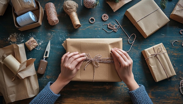 Photo close up of an woman wrapping a gift