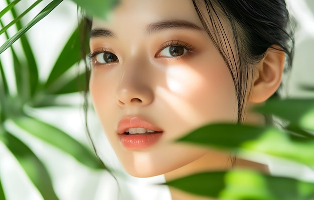 Close up of woman39s face with natural light and green leaves