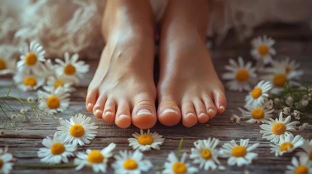 Photo close up of a woman39s feet with white painted toenails on a wooden surface with daisies