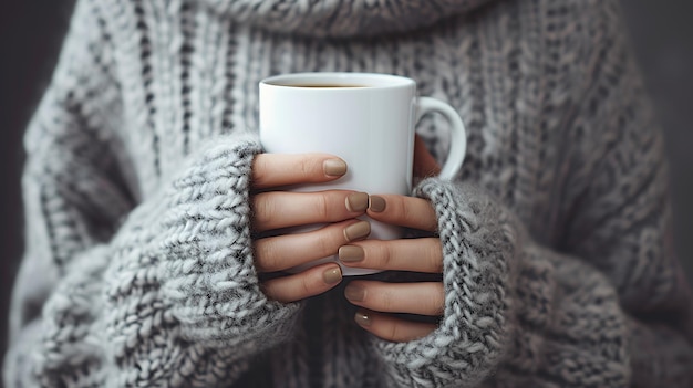 Photo close up of a woman39s hand holding a white mug of coffee wrapped in a grey sweater