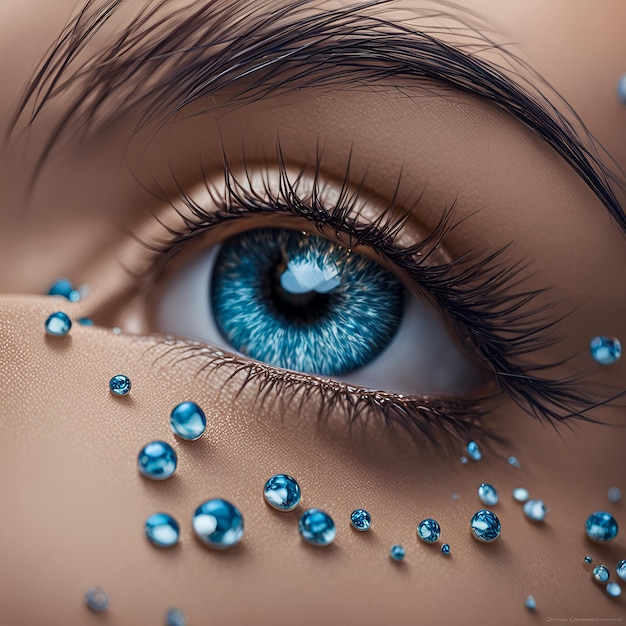 a close up of a womans blue eye with blue eyes