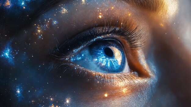 A close up of a womans blue eye with stars in the background