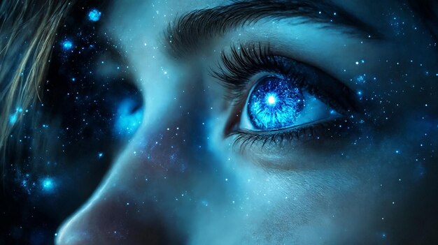 A close up of a womans blue eye with stars in the background