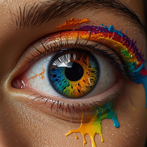 A close up of a womans eye with colorful makeup _Ai generated