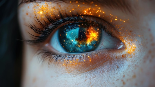 Photo a close up of a womans eye with a galaxy reflected in the pupil