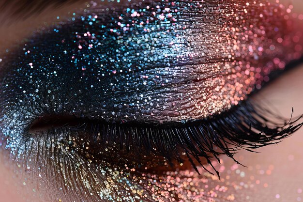 a close up of a womans eye with glitter on it