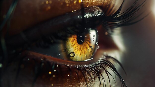 a close up of a womans eye with a gold dot on the bottom