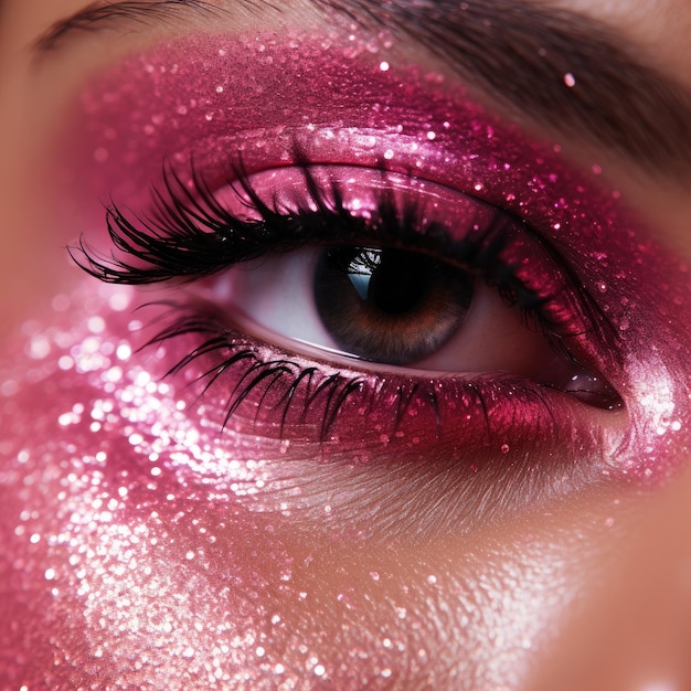 Close Up of Womans Eye With Pink Glitter