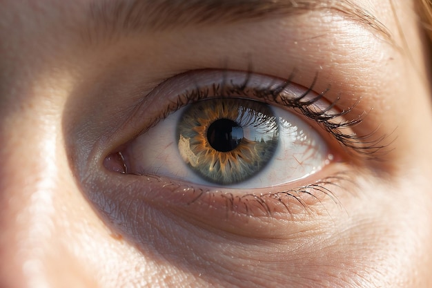 A close up of a womans eye with the sun reflecting on the lens