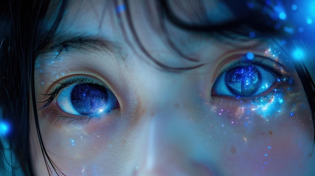 Photo close up of womans eyes with cosmic effect showcasing vibrant colors and sparkles