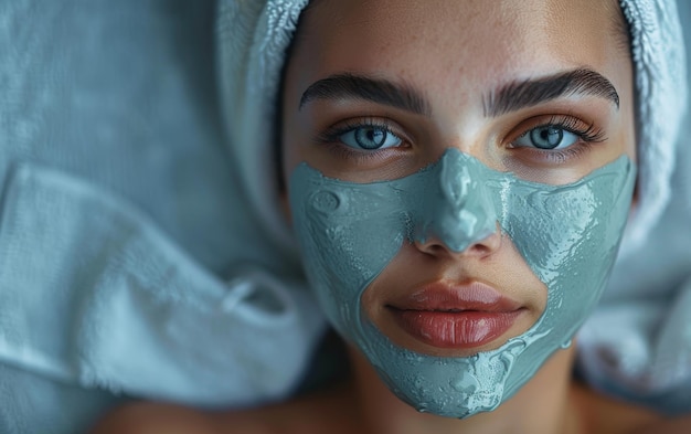 Close Up of Womans Face With Blue Clay Mask at Spa