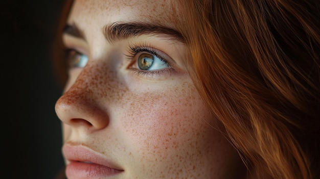 a close up of a womans face with freckles on her face