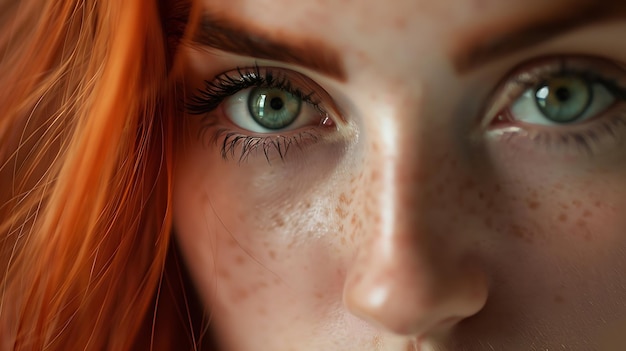 a close up of a womans face with freckles on it