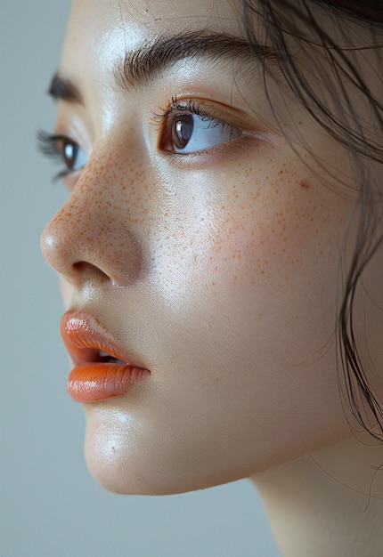 a close up of a womans face with freckles on it