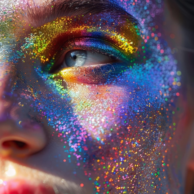 A close up of a womans face with glitter on her cheek and around her eye