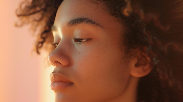 a close up of a womans face with her eyes closed