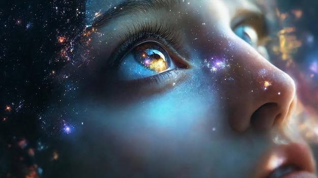 A close up of a womans face with a nebula in the background