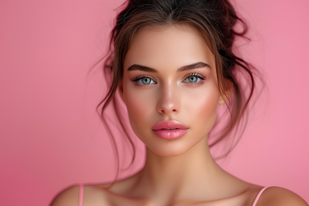 A close up of a womans face with a pink background