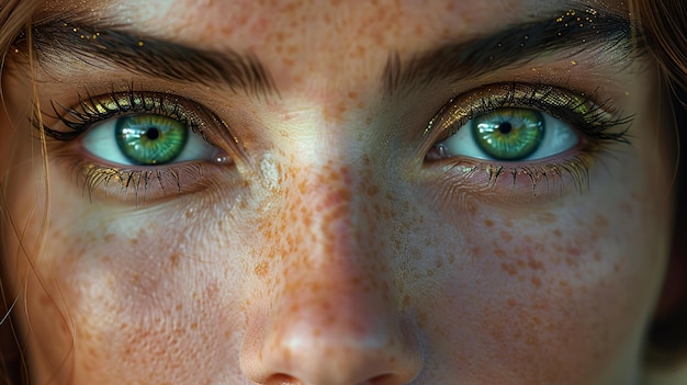 a close up of a womans green eyes with freckles