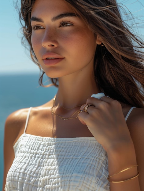 A close up of the womans hand applying cream to her shoulder with a blue sky in the background