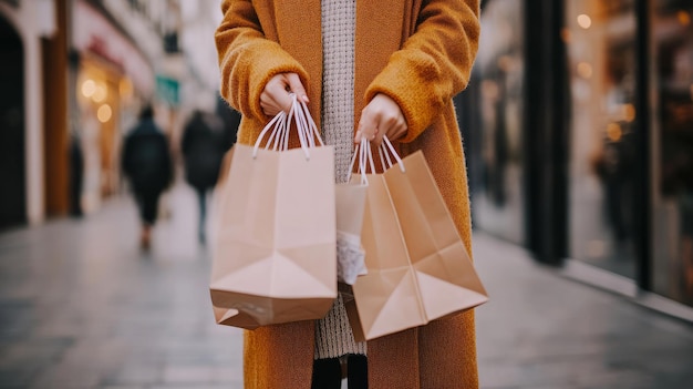 Photo close up of womans hand holding shopping bags while walking on the street ar 169 v 61 job id ad724466766d4922a86f7b98aea65413