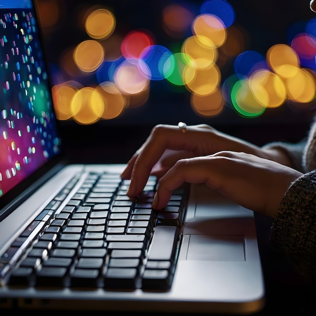 Close up of womans hand typing on computer keyboard in the dark against colourful bokeh in backgrou