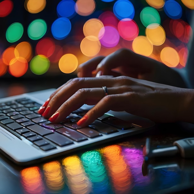 Close up of womans hand typing on computer keyboard in the dark against colourful bokeh in backgrou