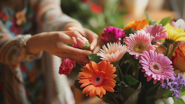 Close up of a womans hands arranging a bouquet of colorful flowers