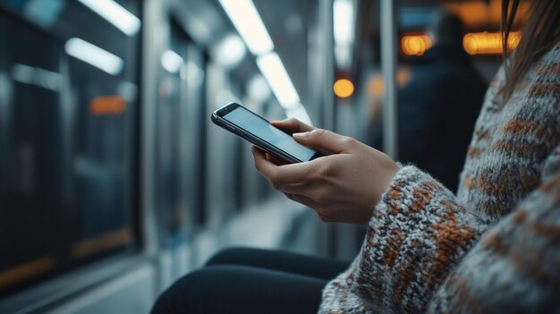 Photo close up of womans hands holding mobile phone