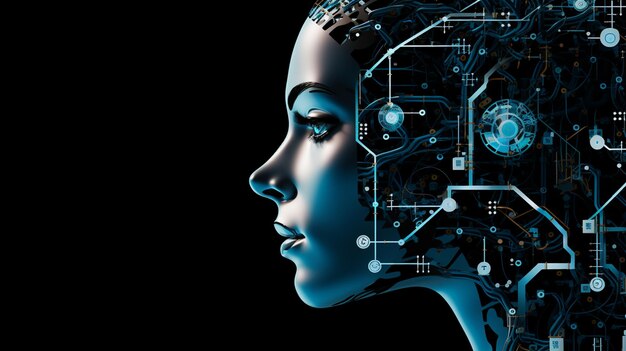 a close up of a womans head with a circuit board in the background generativ ai