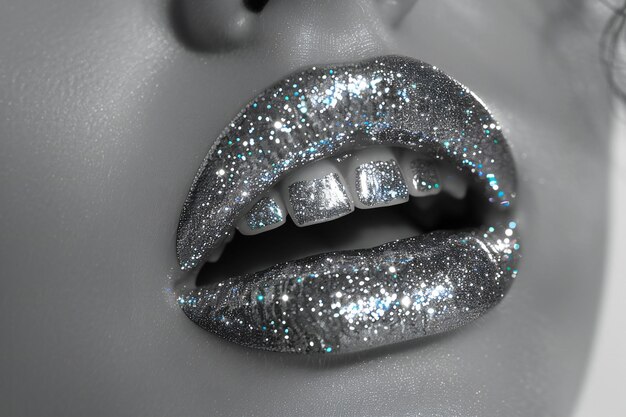 Close up of a womans mouth with silver glitter teeth in black and white photography with high cont