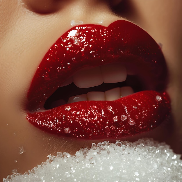 Photo a close up of a womans red lipstick with bubbles around her mouth