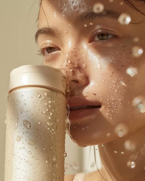 close up of a women with sweat with a cream colour water bottle water splash sweat fitness light ray