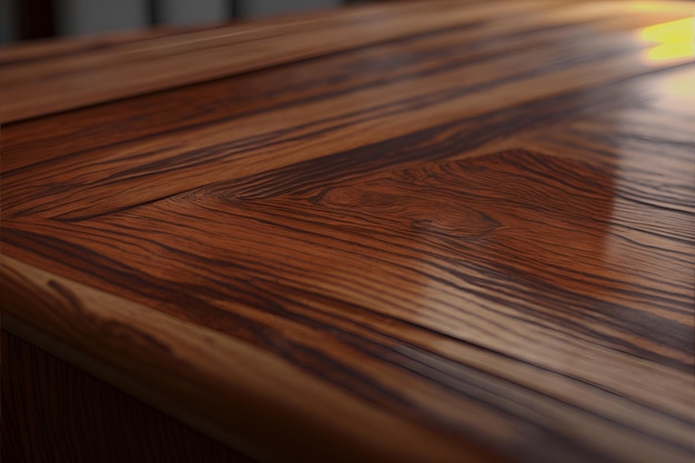 Close up of a wood table with a dark wood finish.