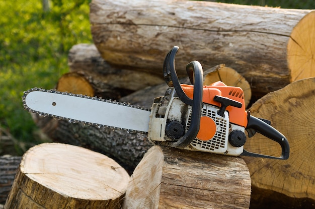 Close-up of woodcutter sawing chain saw in motion, sawdust fly to sides. A person using a chainsaw on pretty wood.Woodcutter saws tree with chainsaw on sawmill