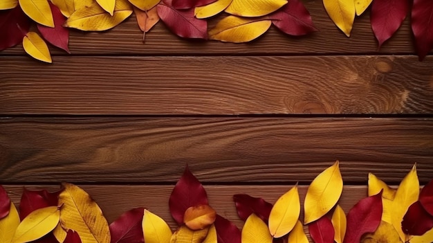 a close up of a wooden background with autumn leaves and acorns generative ai