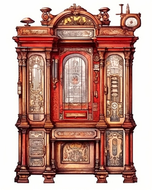 A close up of a wooden cabinet with a clock on top generative ai