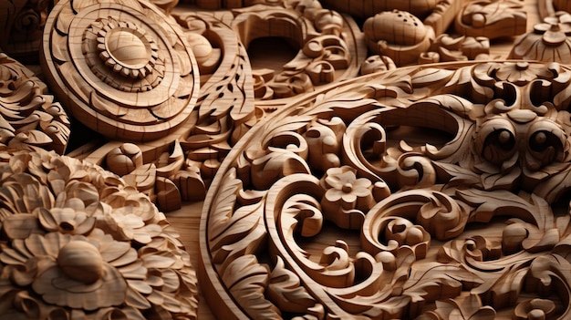 Photo a close up of a wooden carving with floral designs.